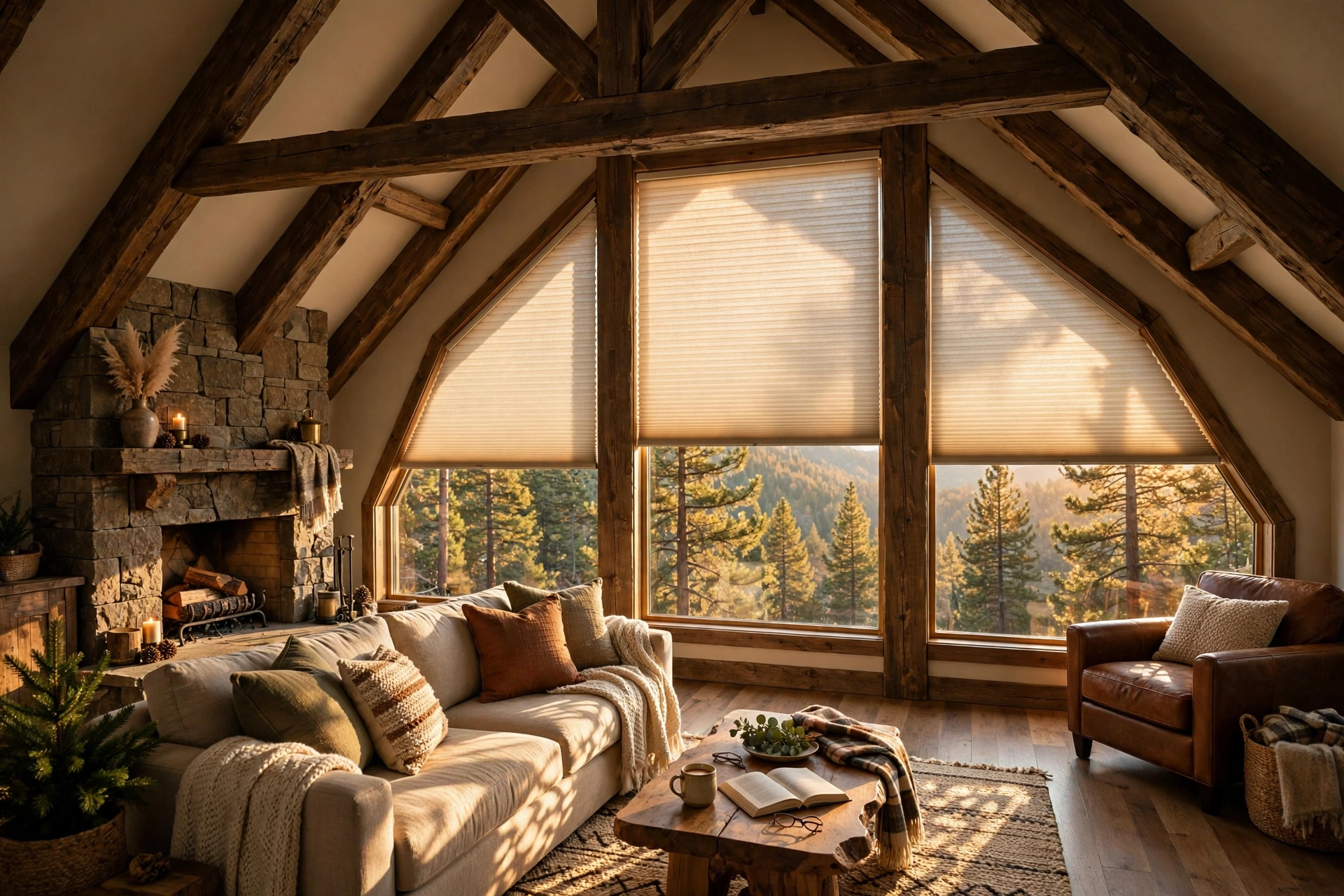 Angled trapezoid windows with warm white cellular shades in a mountain home great room