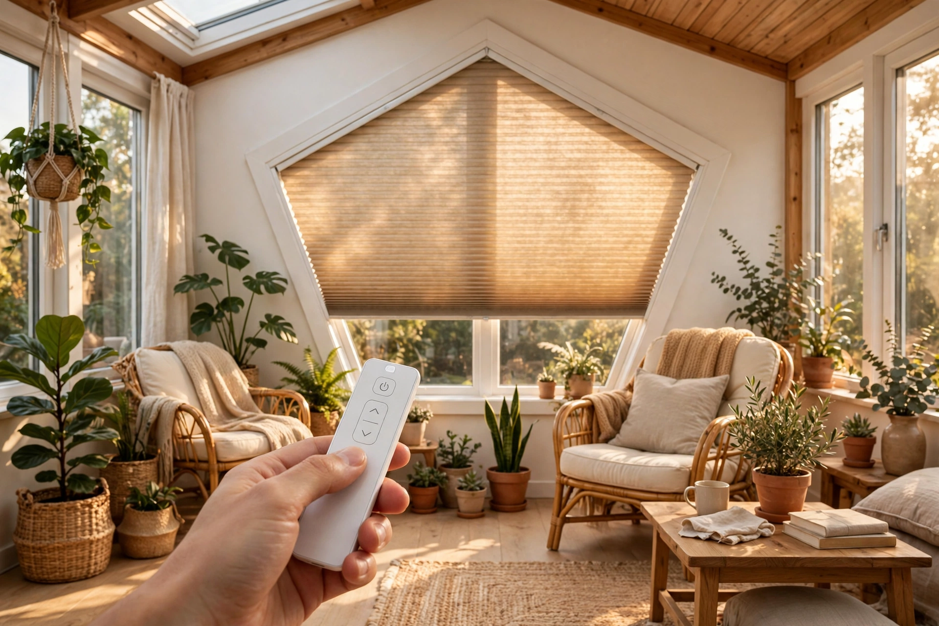 Pentagon-shaped window with a motorized honeycomb shade, operated by a handheld remote